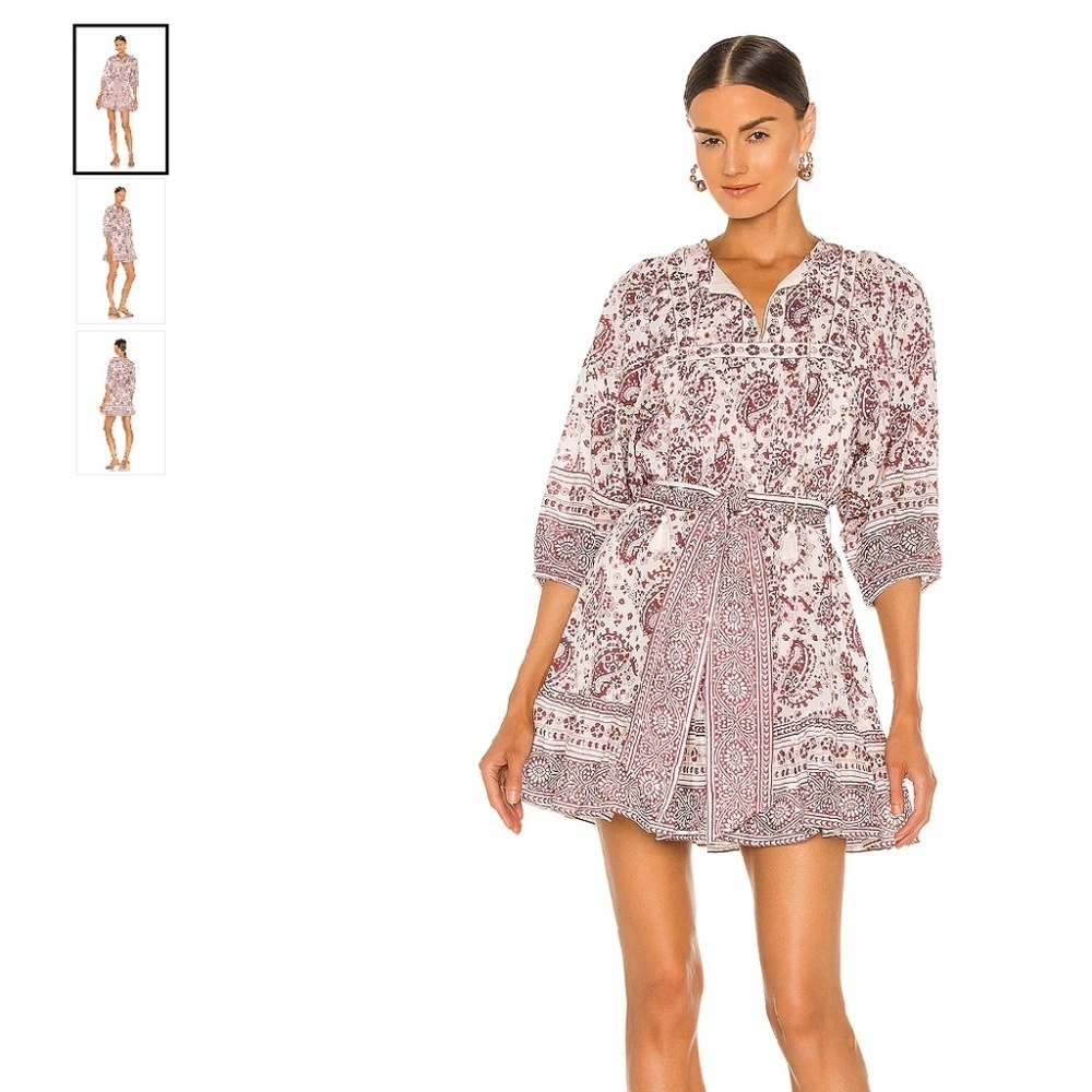 Cleobella Magdalena Mini Dress Womens Size Medium Puff Sleeve tie waist tassels